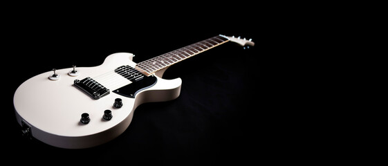 Obraz premium Striking White Electric Guitar Isolated on a Black Background with Copy Space - Perfect for Music Enthusiasts and Rock Legends. 
