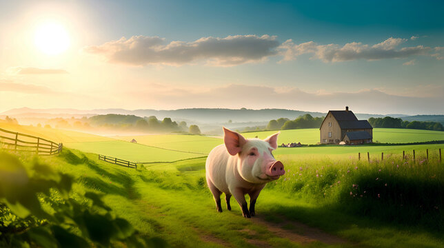 a portrays a country pig, perfectly at home in the serene countryside