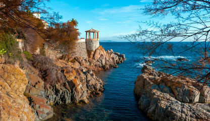 S'Agaró (Sant Feliu de Guixols), Catalunya, Spain - January 7, 2022: Waterfront of S'Agaró with the lookout gazebo