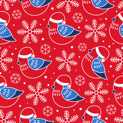 Red New Year pattern with birds and snowflakes