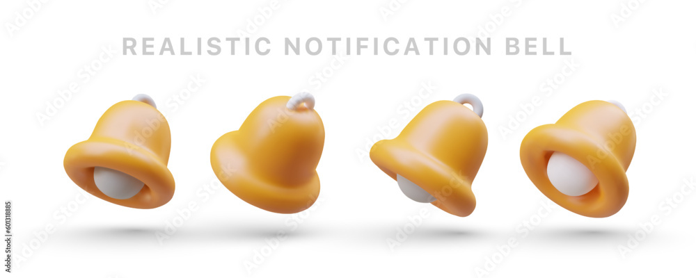 Poster set of illustrations about notifications. realistic yellow 3d bells. snapshot of bell movement. sign