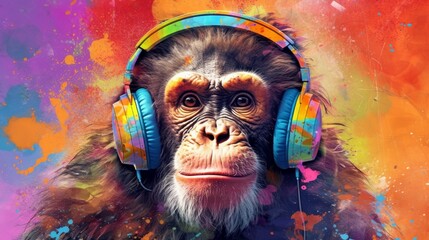 Portrait of a monkey with headphones on a colorful abstract background with empty space. Party concept. Generative AI