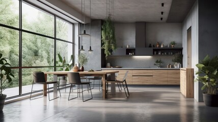 Spacious comfortable kitchen in white, gray and beige with large floor to ceiling windows. Dining table and chairs in the center. Modern kitchen style minimalism and loft. Generative AI