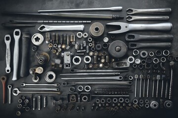 Auto mechanics tools on grey background with copy space for text. Car repair Professional work tools. Generative AI