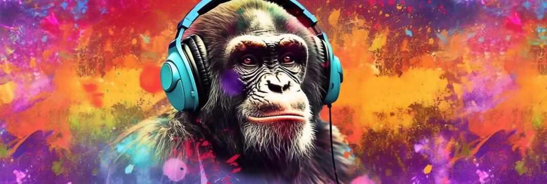 Portrait of a monkey with headphones on a colorful abstract background with empty space. Party concept. Generative AI