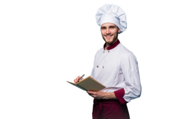 Portrait of a professional chef in uniform holding recipe book and looking at camera on transparent