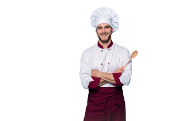 Portrait of positive toothy chef cook in beret, white outfit having tools in crossed arms looking at camera - obrazy, fototapety, plakaty