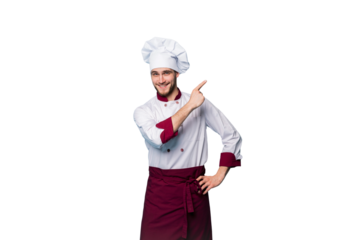 Positive professional happy chef presenting something over transparent background