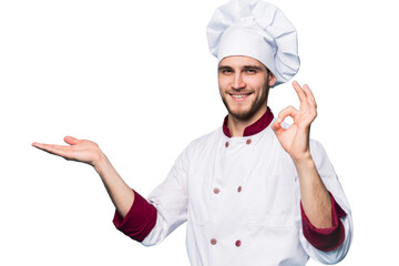 Positive professional happy man chef showing tasty ok sign isolated on transparent