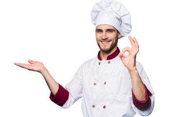 Positive professional happy man chef showing tasty ok sign isolated on transparent
