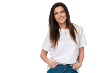 Funny woman on transparent background. Cheerful female model joyful. Positive human emotion facial expression body language.