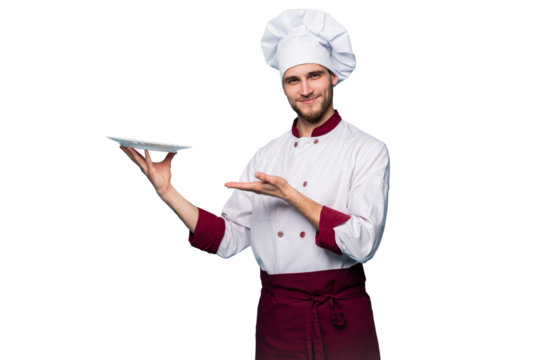 Portrait of a happy male chef cook standing with plate isolated on transparent background