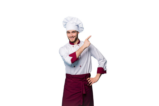 Positive professional happy chef presenting something over transparent background