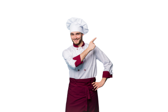 Positive professional happy chef presenting something over transparent background