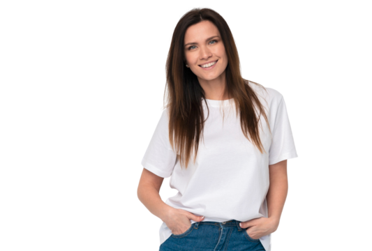 Funny woman on transparent background. Cheerful female model joyful. Positive human emotion facial expression body language.