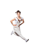 Full length portrait of a cheerful young woman jumping and celebrating over transparent background