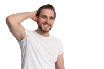 Portrait of a smart young man standing against transparent background