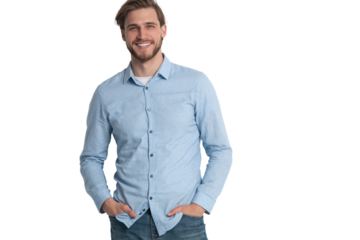 Portrait of a smart young man standing against transparent background