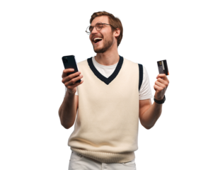 Portrait of an excited young man holding mobile phone and showing credit card isolated over transparent background