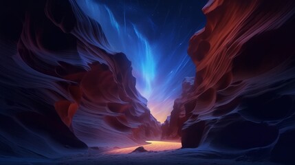 Antelope Canyon at night with a starry sky. Generative AI