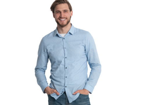 Portrait of a smart young man standing against transparent background