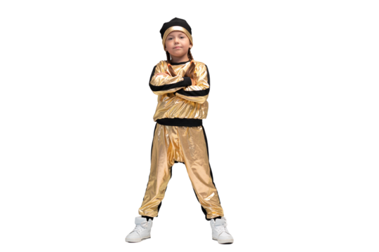 Happy little girl in gold suit dancing isolated on transparent background