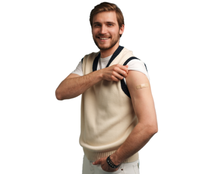 Man smiling after receiving vaccination. Man showing his arm after receiving a vaccine