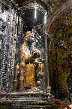 Monistrol de Montserrat, Catalunya  Spain - February 18, 2023: Our Lady of Montserrat "La Moreneta" in Santa Maria de Montserrat Abbey