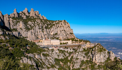 Monistrol de Montserrat, Catalunya  Spain - February 18, 2023: General view of the Abbey of Santa Maria de Montserrat