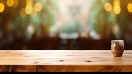 Fototapeta na wymiar Empty wood table top on blur bakery shop or cafe restaurant with abstract bokeh background. Generative Ai