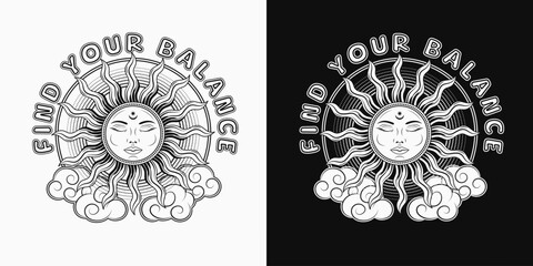 Label with sun with face, clouds, rainbow, text. Concept of harmony, balance extended mind. Mythological faitytale solar sign. For clothing, apparel, T-shirts, surface decoration. Groovy, hippie style