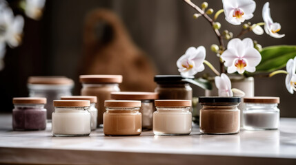 Naklejka na ściany i meble Natural organic eco cosmetics in open jars with blooming cherry flowers, beauty and SPA theme. Cosmetic containers with cream or lotion, natural ingredients, face care concept. Generative Ai