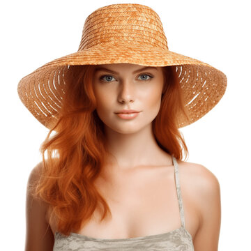 Portrait of a young, attractive, red haired woman wearing bikini and straw hat. Isolated on transparent background, no background.