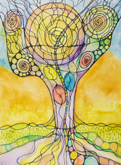 Bright and colorful cosmic tree of life. The dabbing technique near the edges gives a soft focus effect due to the altered surface roughness of the paper.