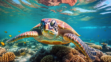sea turtle close up over coral reef in hawaii. ai generative.
