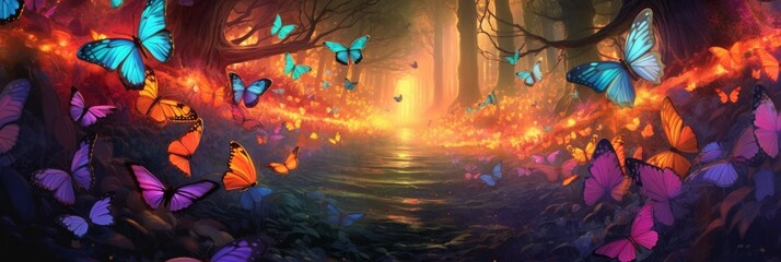 Obraz na płótnie Canvas Magic forest with colorful butterflies, forest with bright colorful butterflies. Generative AI