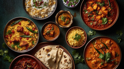 Fototapeta na wymiar Top view of assorted indian curry and rice dishes. Generative Ai