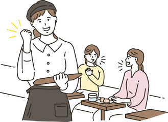 飲食店の女性店員と雑談をする女性客達
