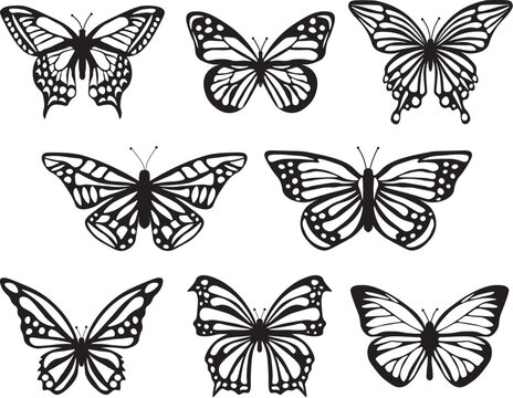 set of butterflies silhouette isolated Collection of silhouettes of butterflies collection. y2k