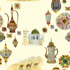 Seamless pattern with floral elements, pottery, desert landscape with camels, architecture and lanterns. Traditional islamic ornament . Watercolor illustration