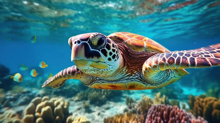 Naklejka na ściany i meble sea turtle close up over coral reef in hawaii. ai generative.