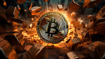 Close up of crashing bitcoin sign on a dark background. Generative Ai