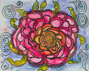 Ornamental neurographic rose. The dabbing technique near the edges gives a soft focus effect due to the altered surface roughness of the paper.
