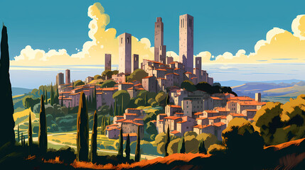 Illustration of beautiful view of San Gimignano, Italy - obrazy, fototapety, plakaty