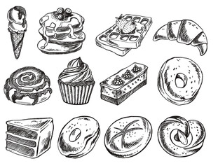 A drawing of different types of bakery and sweets in chalkboard style. Hand drawn food clipart on transparent background in PNG format.