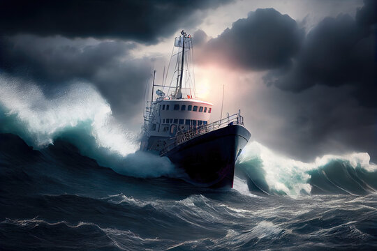 Motor ship in stormy weather with high sea ocean (Generative AI)