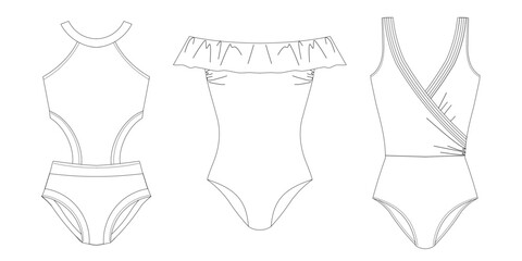 Woman sustainable swimwear, technical drawing, template, sketch, flat, mock up. Recycled PA, Recycled PES, Lycra fabric. Swimwear fashion front view, white color
