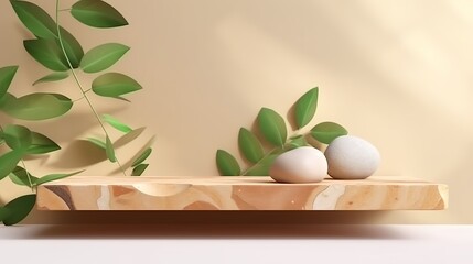 Wood podium with green leaves and natural stones, Background for cosmetic products of natural color, Generative Ai