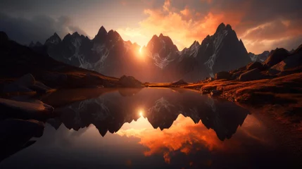 Rolgordijnen Serene mountain lake during sunset, with the sun setting behind the jagged peaks, casting a warm orange glow over the landscape. Generative AI © piai