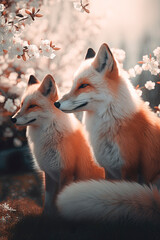 Obraz premium A couple of foxes sitting next to each other. Generative AI